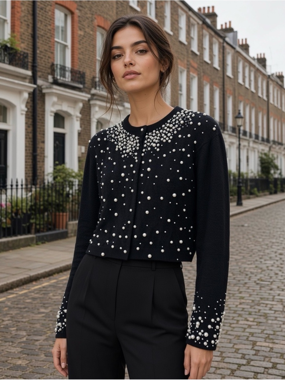 Embellished Black Pearl Cardigan Soft Wool Jacket